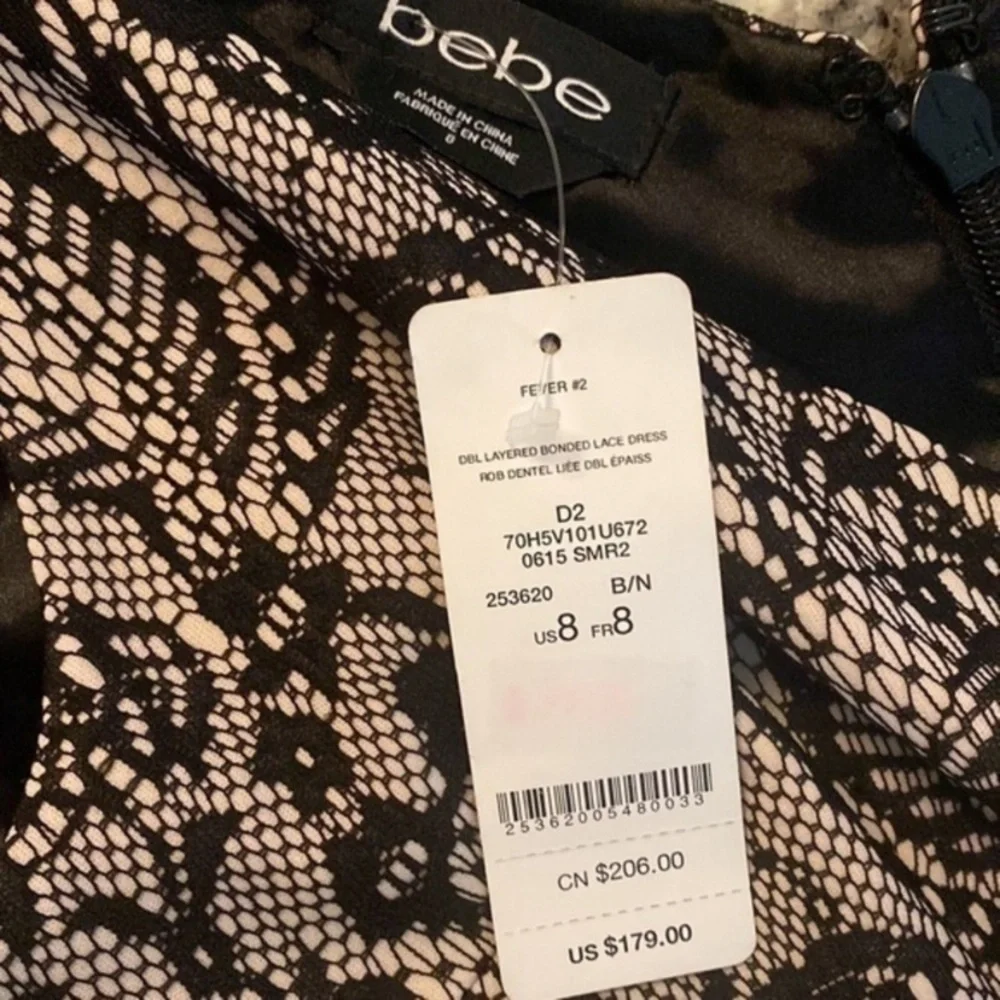NWT Bebe bonded tiered black nude lace flare dress 8 MM30